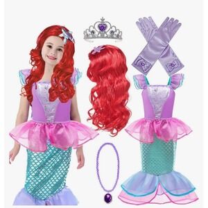 NEW Little Mermaid Ariel Size 5 Complete Costume with Wig & Jewelry Halloween